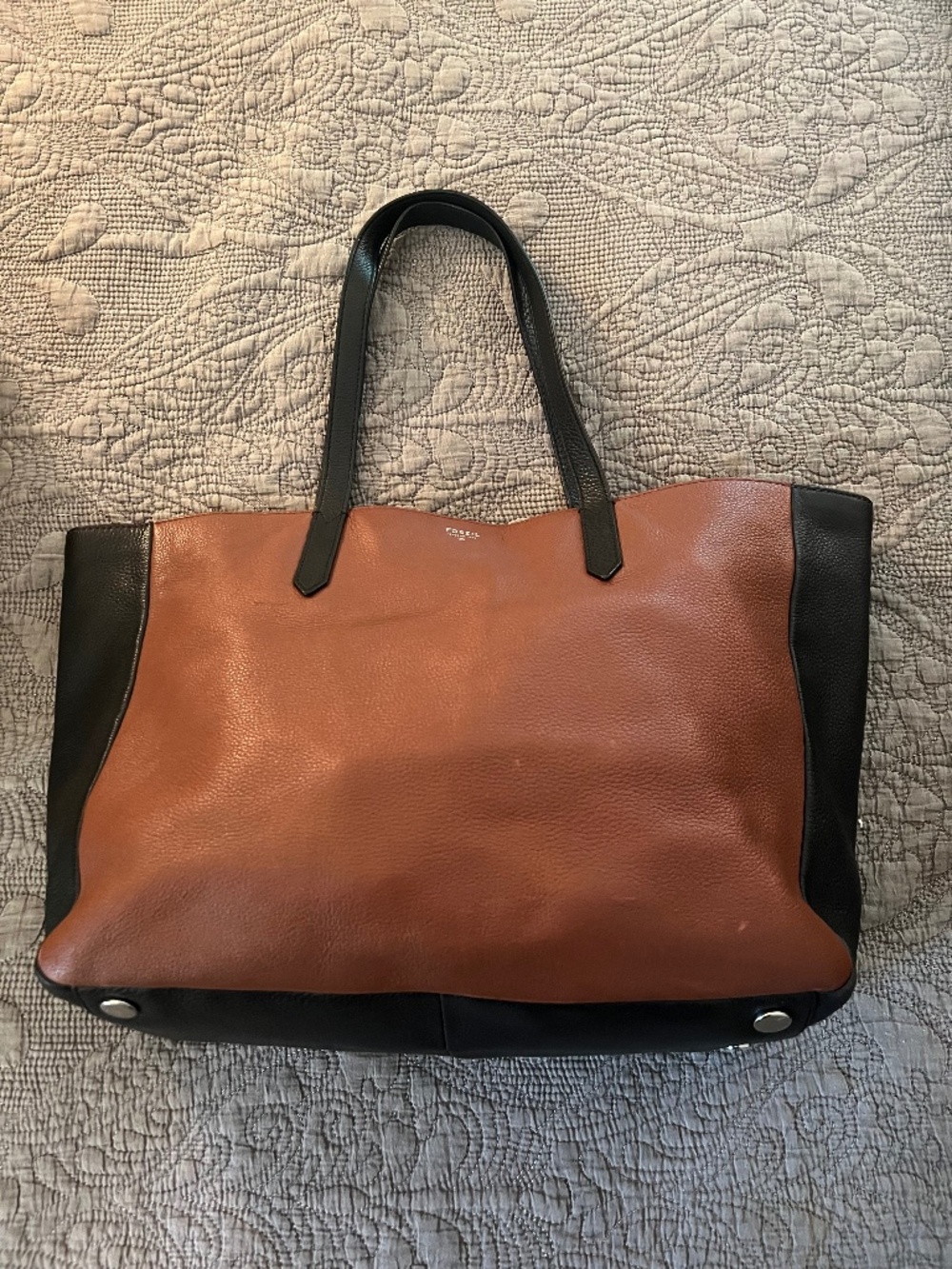 Colorblock Brown and Black Large Fossil Leather Tote Carryall Two Tone